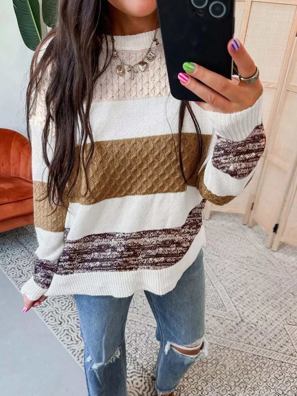 Mixed Texture Knit Striped Color Block Loose Sweater - Charmdeals