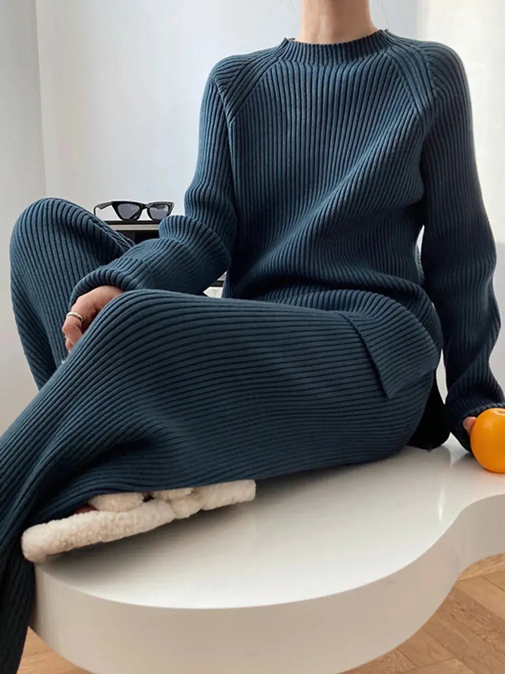 Mock Neck Raglan Sleeve Top and Pants Sweater Set - Charmdeals