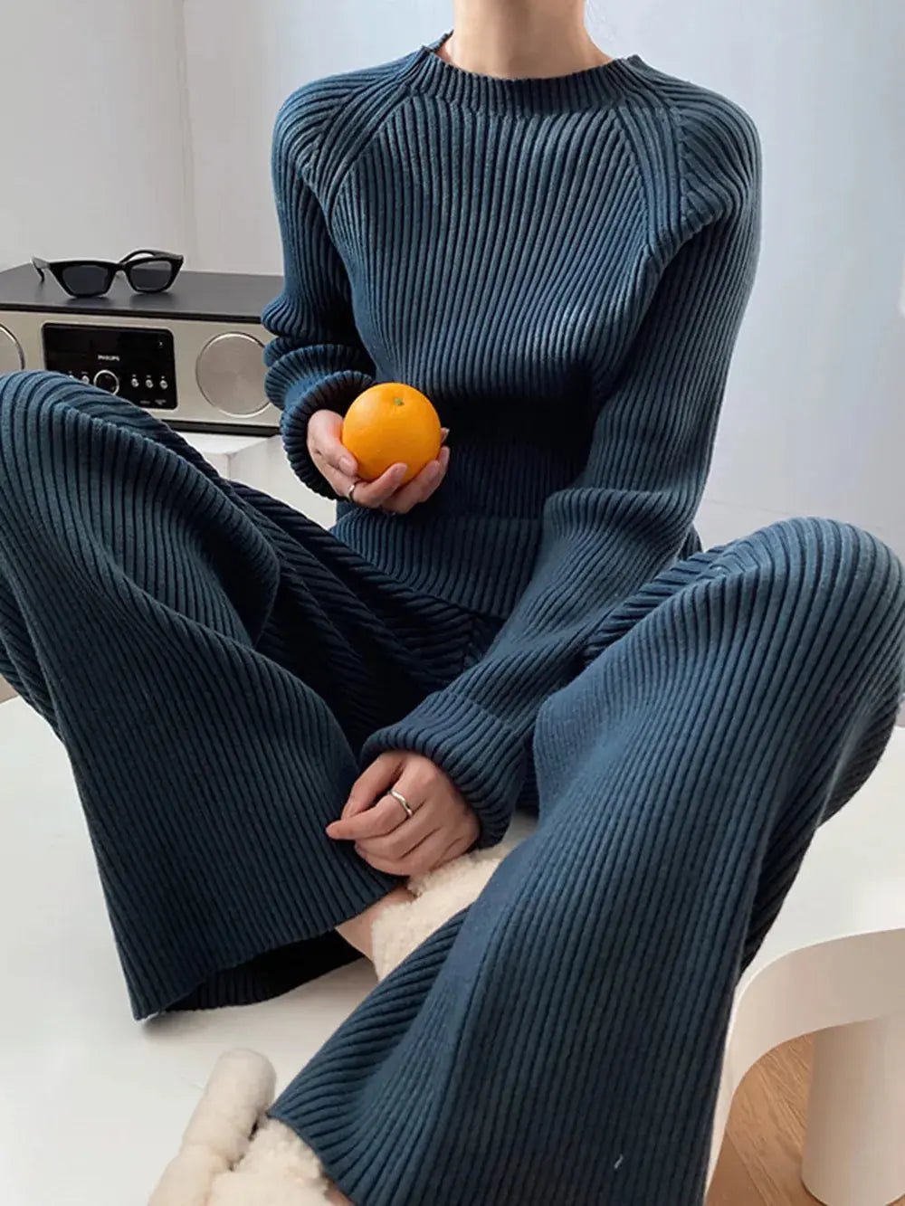Mock Neck Raglan Sleeve Top and Pants Sweater Set - Charmdeals