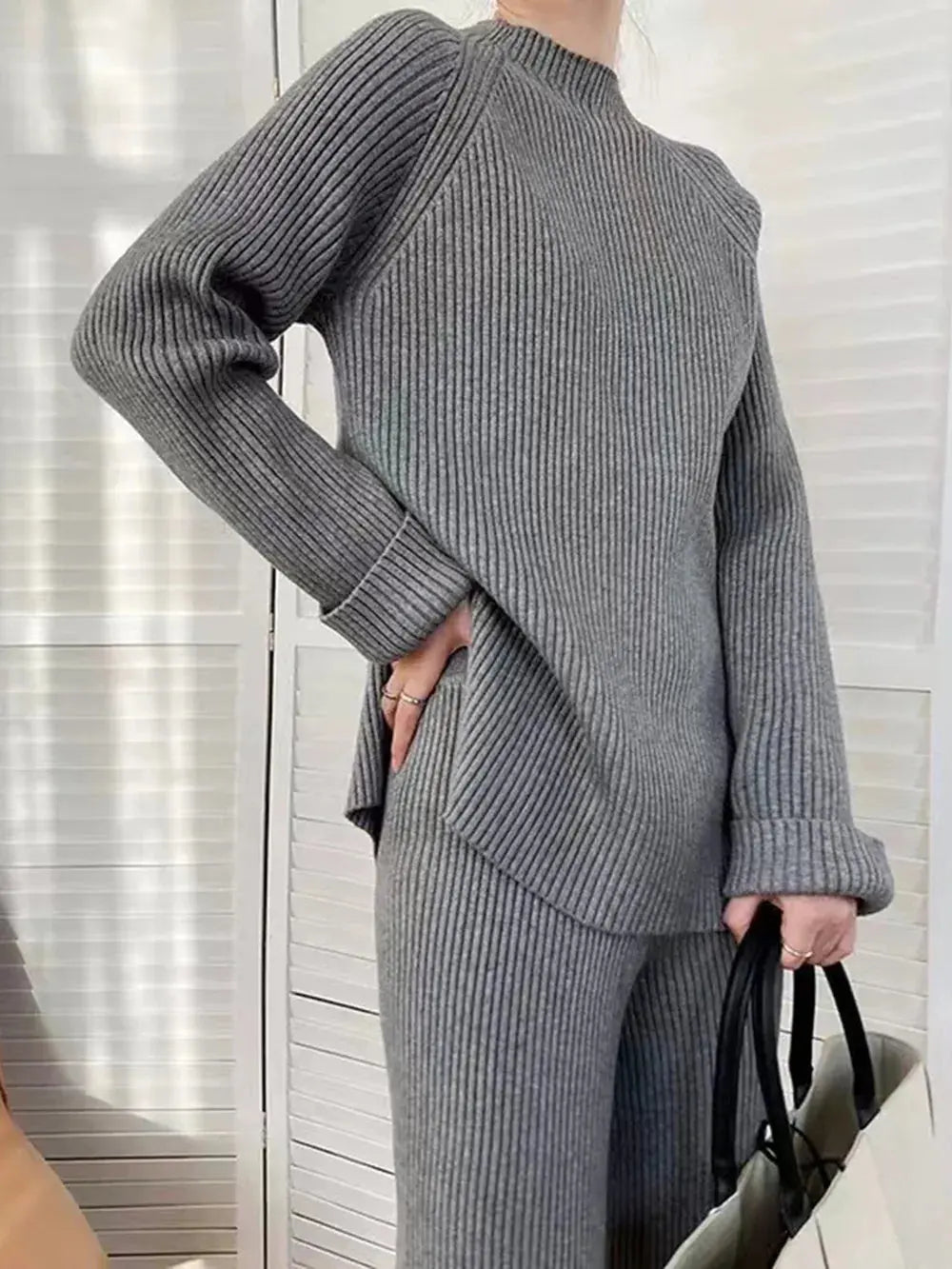 Mock Neck Raglan Sleeve Top and Pants Sweater Set - Charmdeals