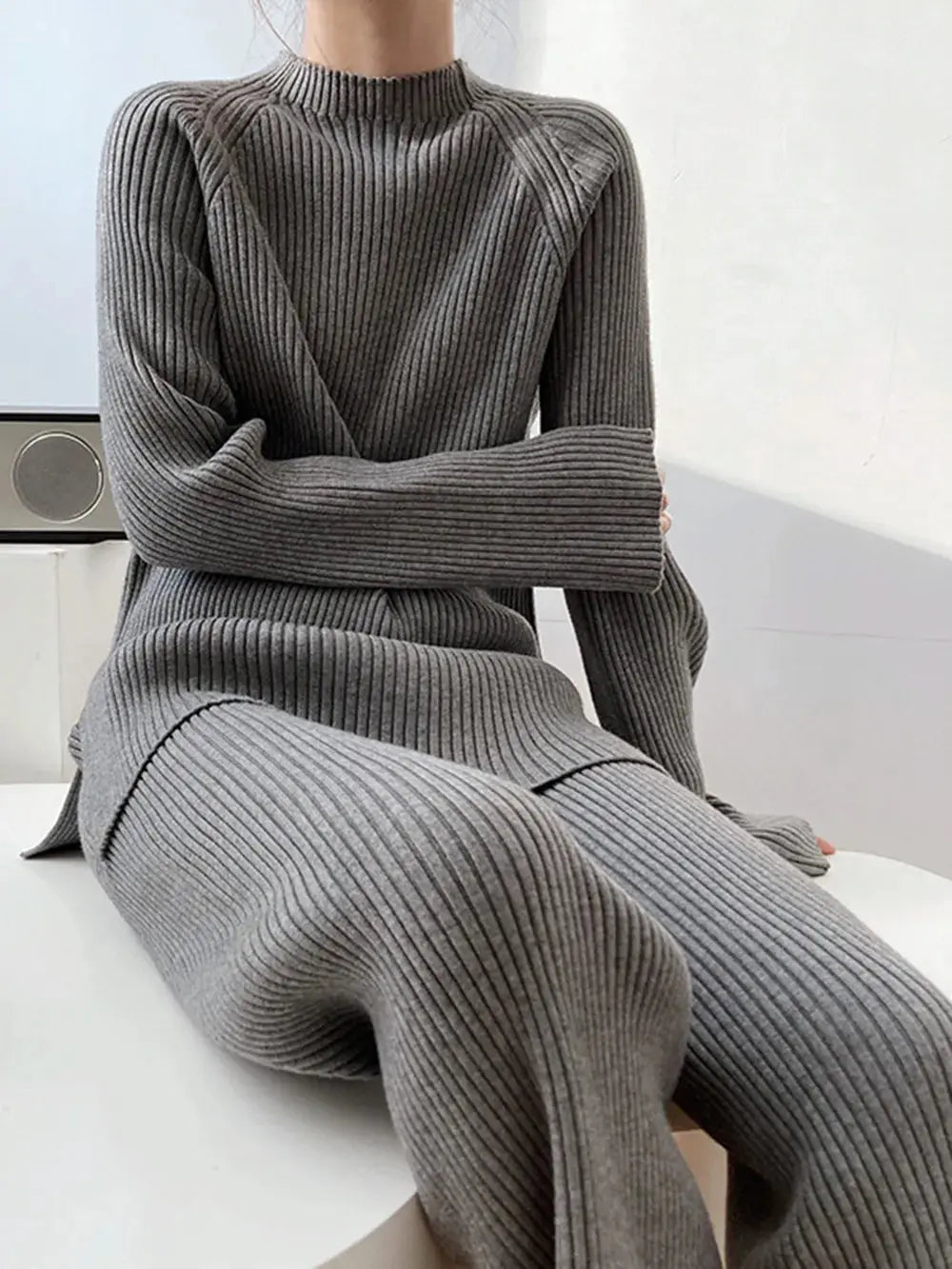 Mock Neck Raglan Sleeve Top and Pants Sweater Set - Charmdeals