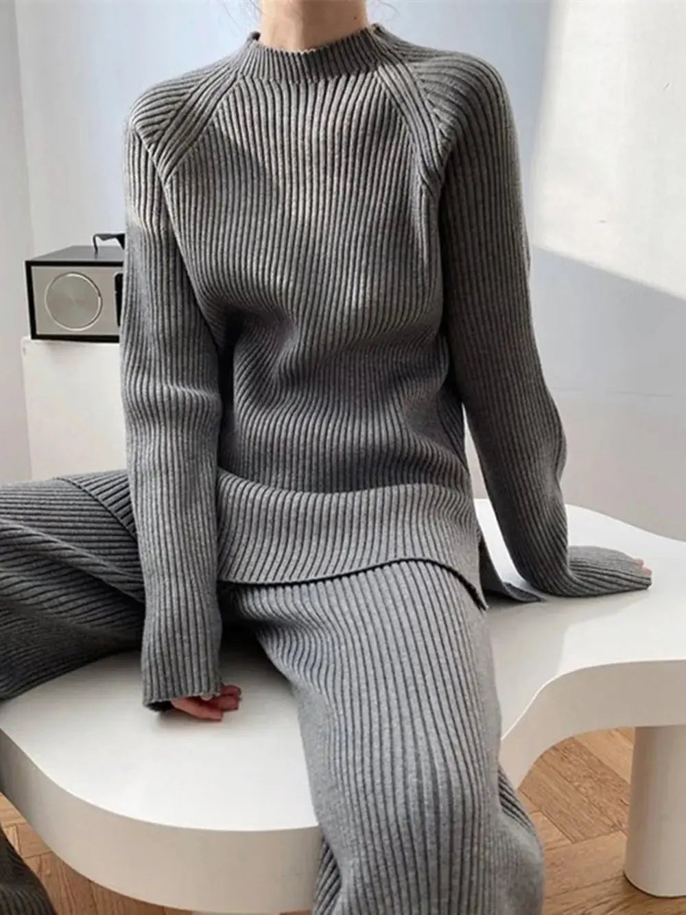 Mock Neck Raglan Sleeve Top and Pants Sweater Set - Charmdeals