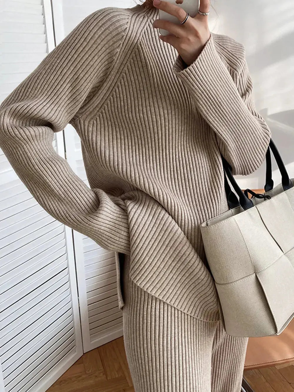 Mock Neck Raglan Sleeve Top and Pants Sweater Set - Charmdeals