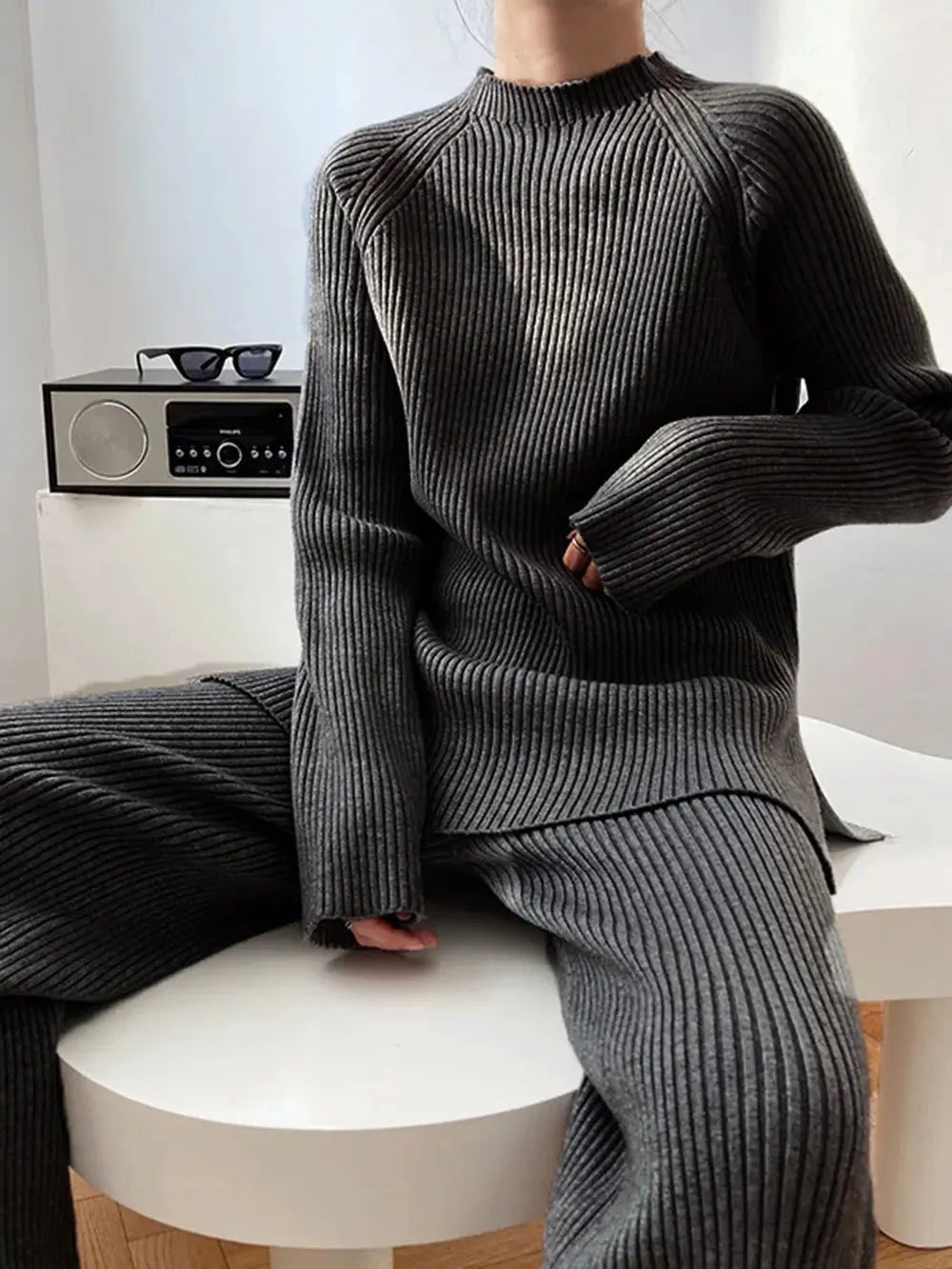 Mock Neck Raglan Sleeve Top and Pants Sweater Set - Charmdeals