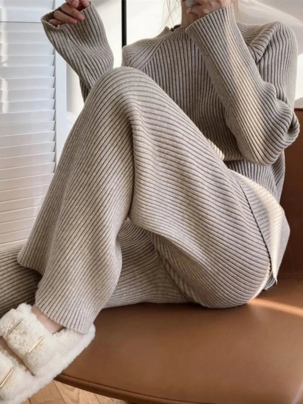 Mock Neck Raglan Sleeve Top and Pants Sweater Set - Charmdeals