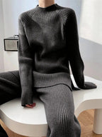 Mock Neck Raglan Sleeve Top and Pants Sweater Set - Charmdeals