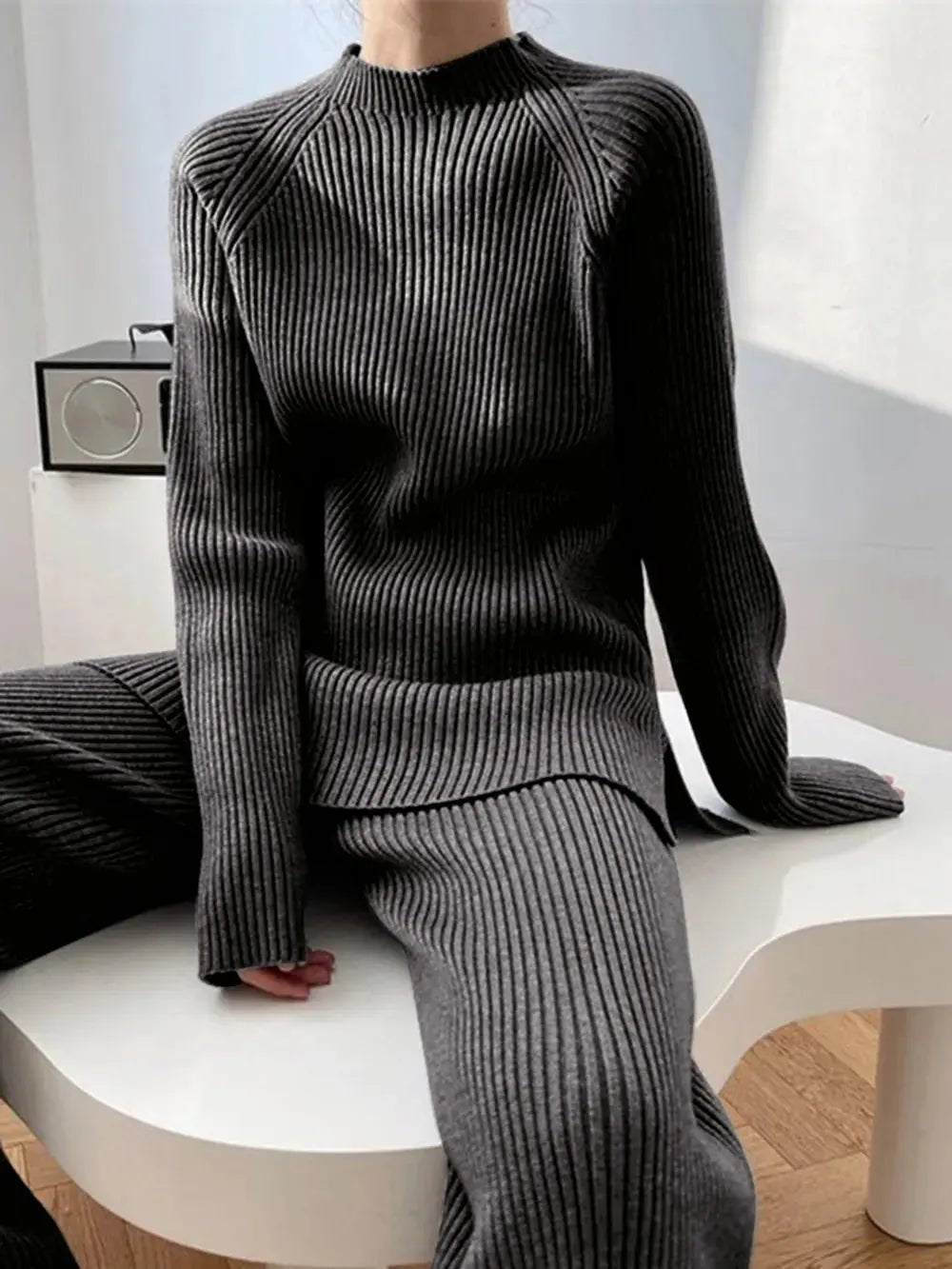 Mock Neck Raglan Sleeve Top and Pants Sweater Set - Charmdeals