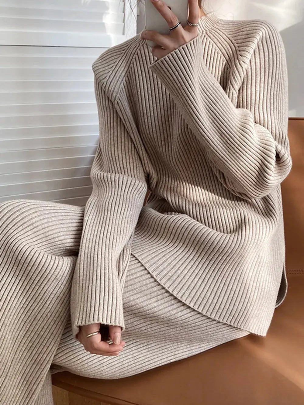 Mock Neck Raglan Sleeve Top and Pants Sweater Set - Charmdeals