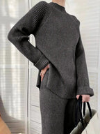 Mock Neck Raglan Sleeve Top and Pants Sweater Set - Charmdeals