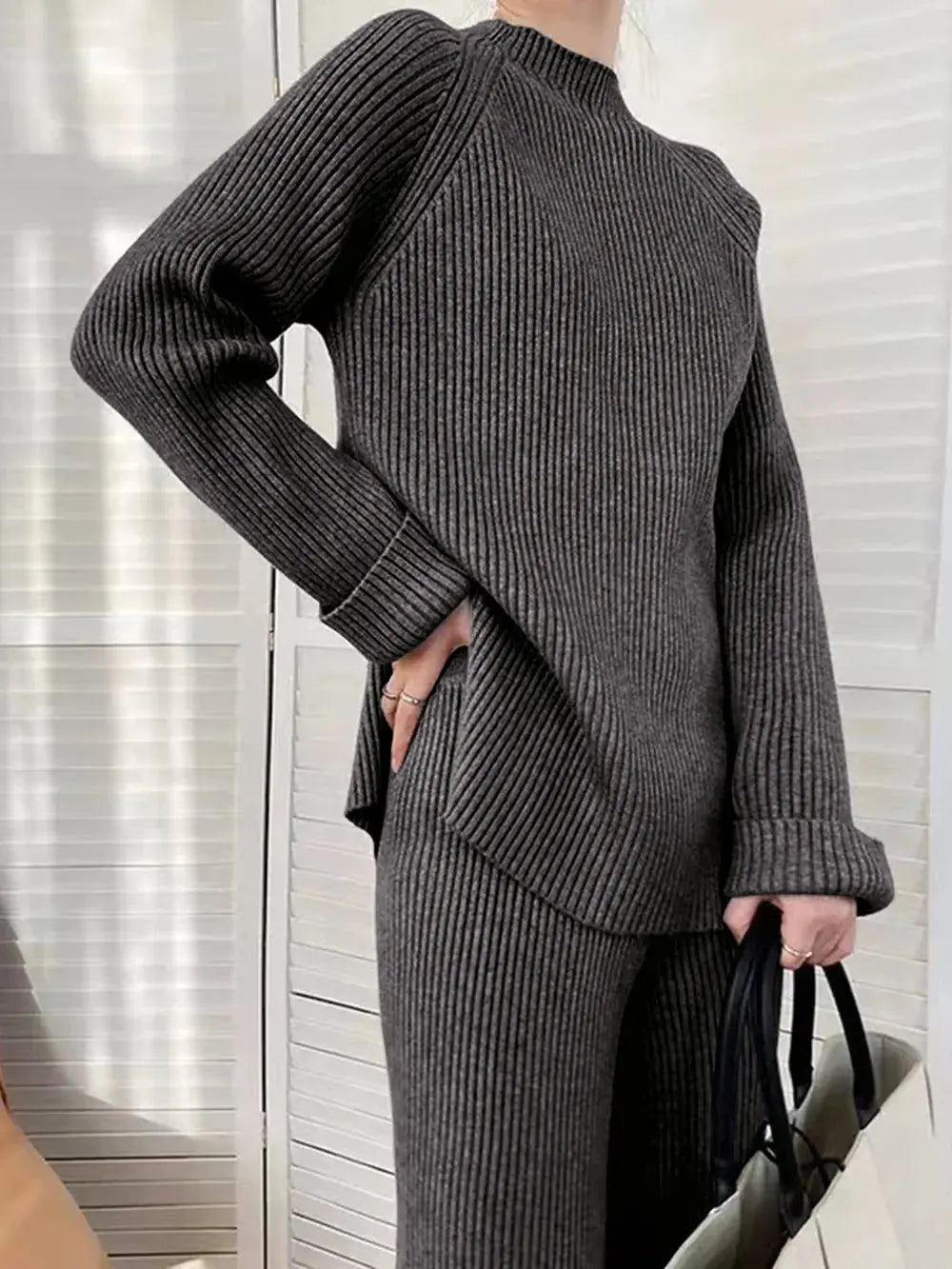 Mock Neck Raglan Sleeve Top and Pants Sweater Set - Charmdeals