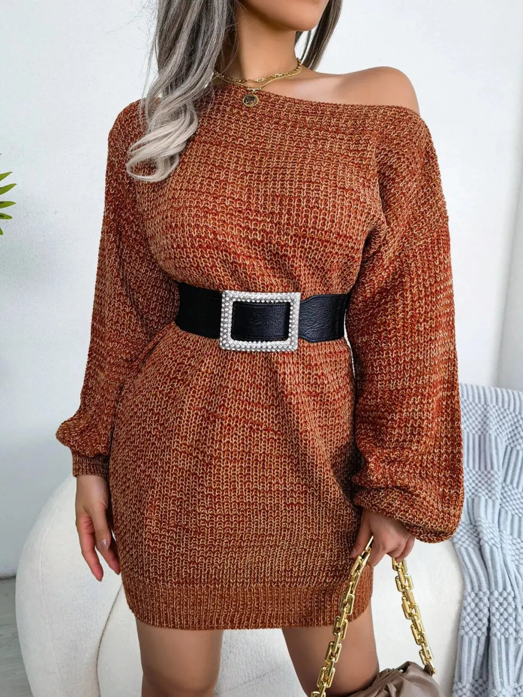 Multi - Color One - Shoulder Sweater Dress - Charmdeals
