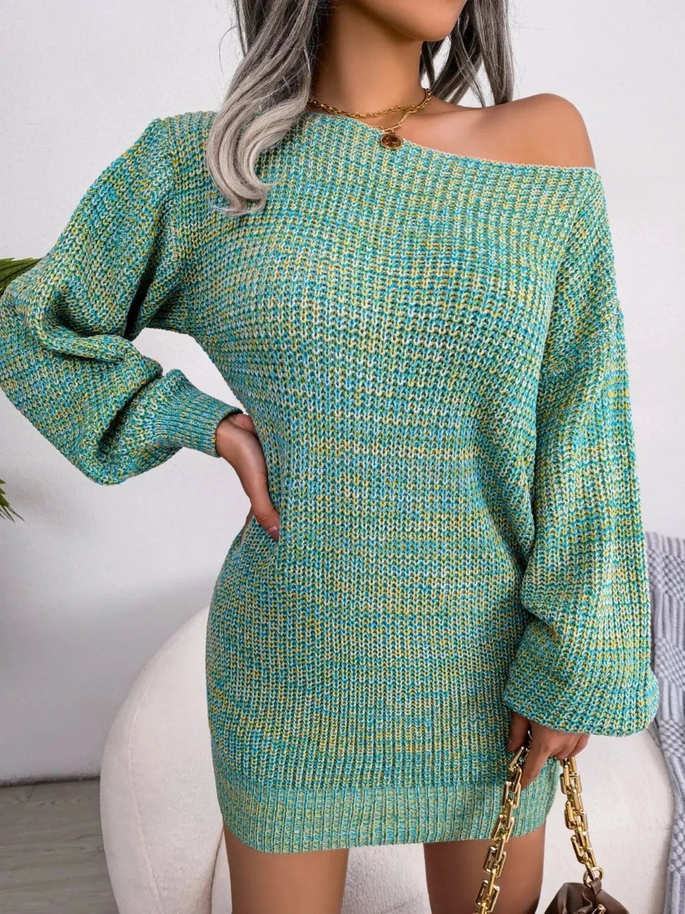 Multi - Color One - Shoulder Sweater Dress - Charmdeals
