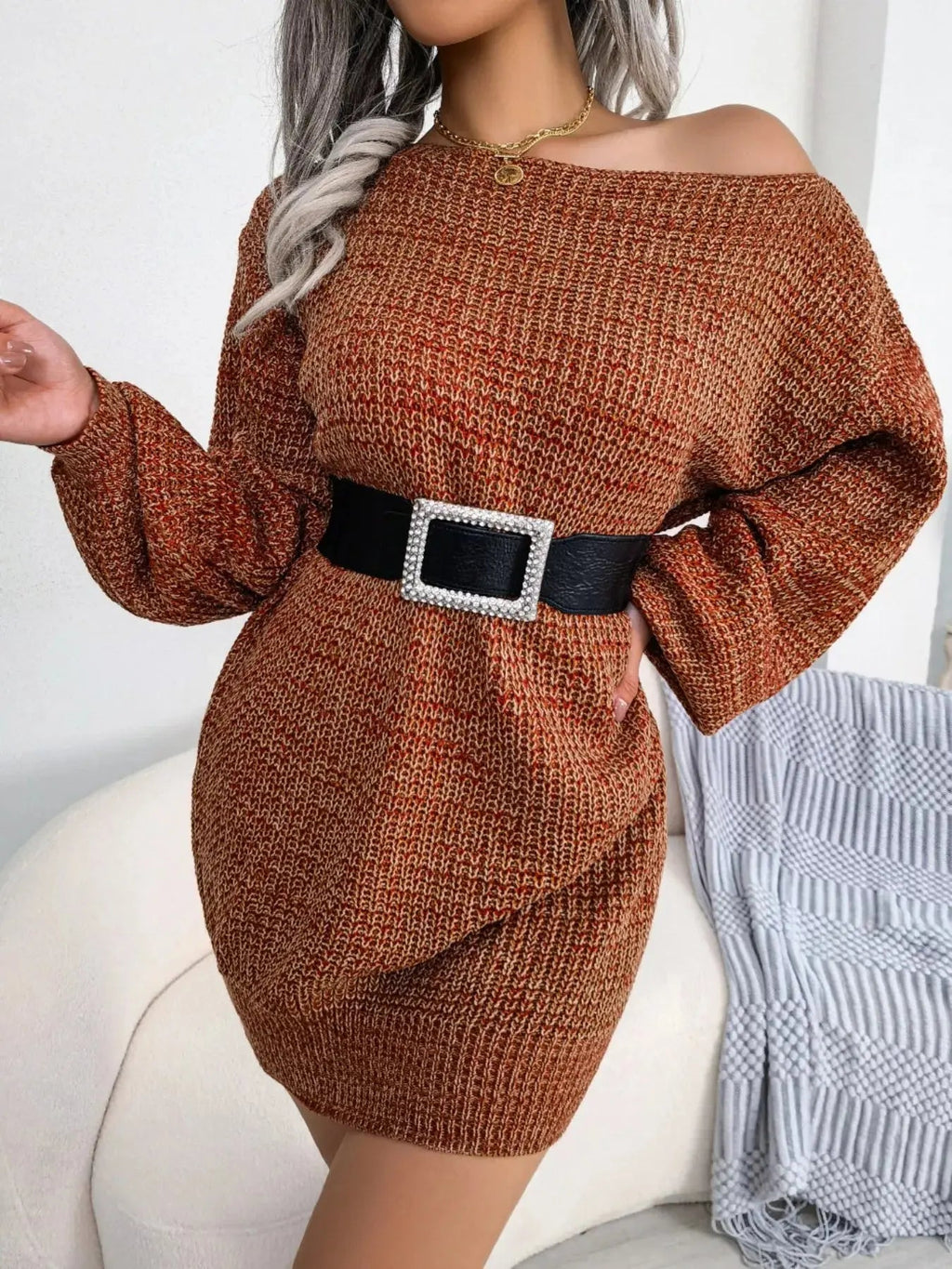 Multi - Color One - Shoulder Sweater Dress - Charmdeals