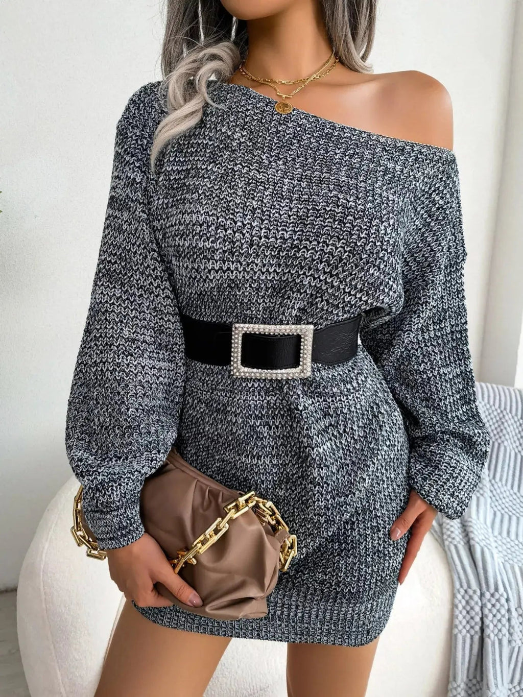 Multi - Color One - Shoulder Sweater Dress - Charmdeals