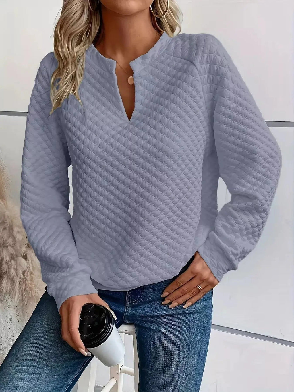 Notched Raglan Sleeve Sweatshirt - Charmdeals