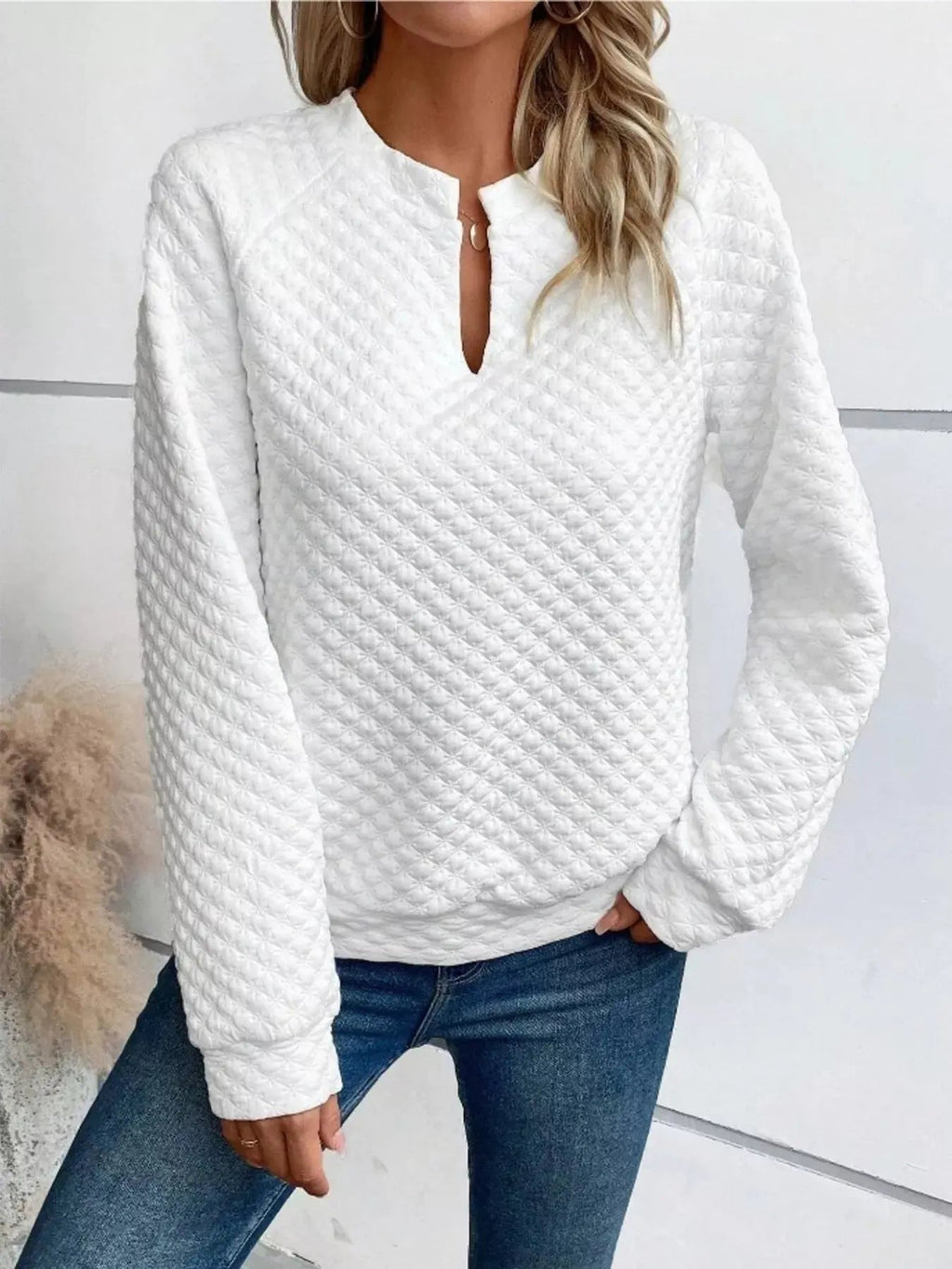 Notched Raglan Sleeve Sweatshirt - Charmdeals