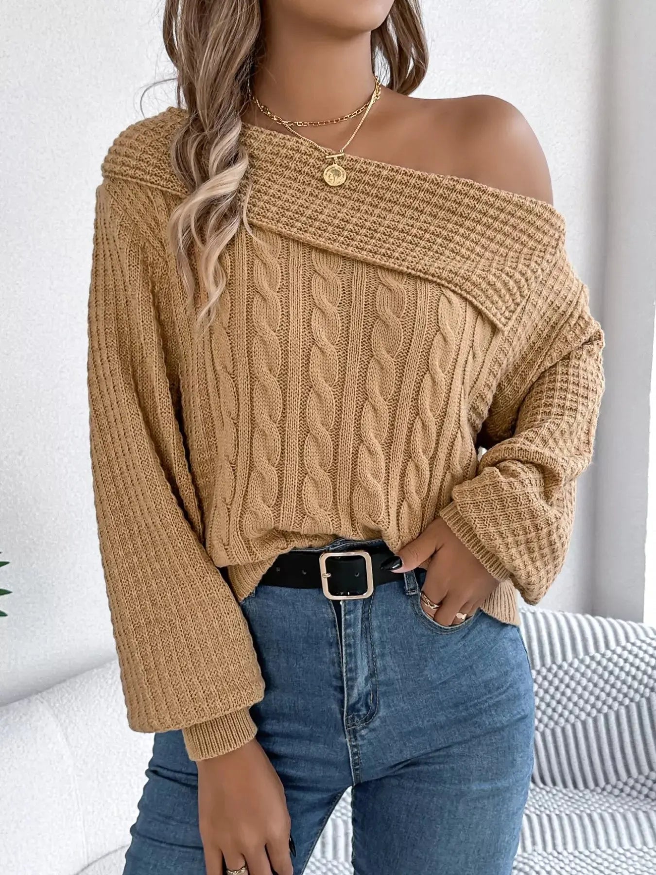 Off - Shoulder Cable Knit Sweater - Charmdeals