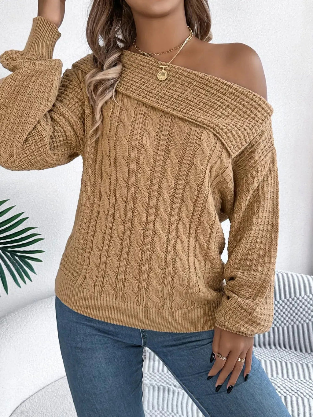 Off - Shoulder Cable Knit Sweater - Charmdeals