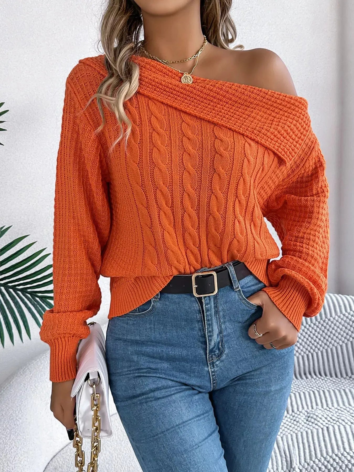 Off - Shoulder Cable Knit Sweater - Charmdeals