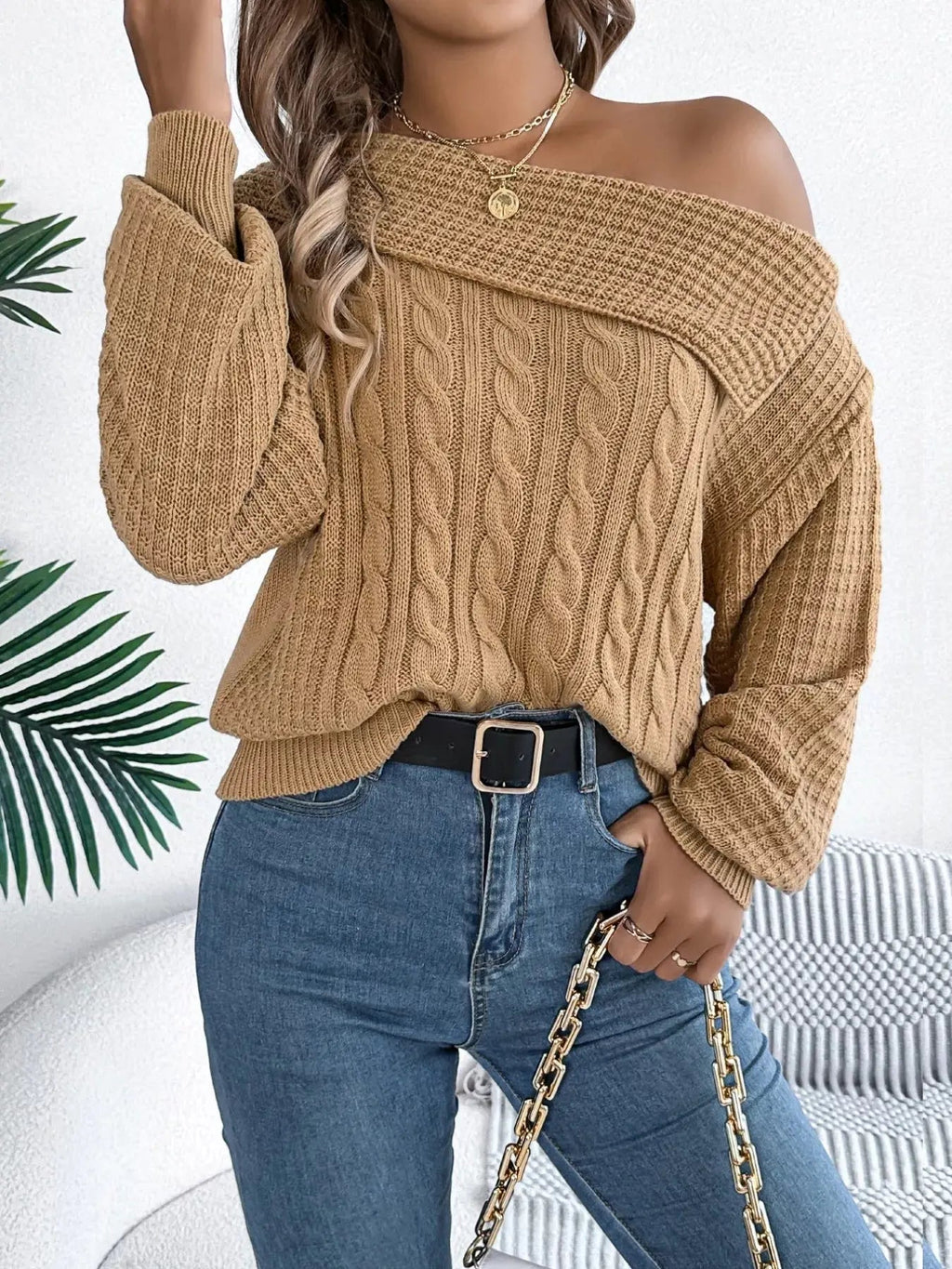 Off - Shoulder Cable Knit Sweater - Charmdeals