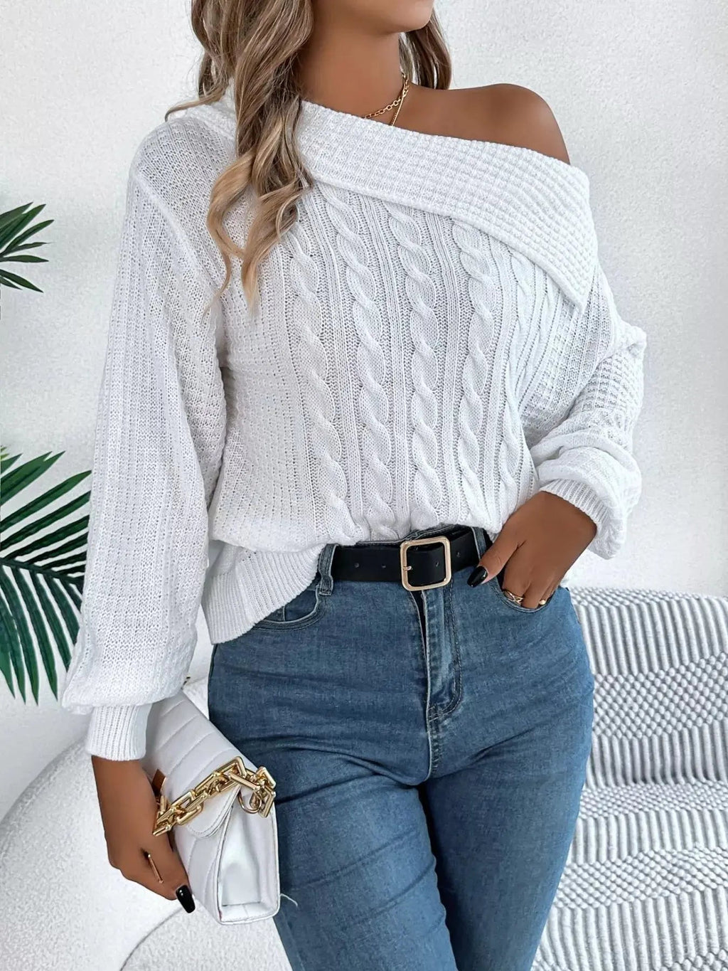 Off - Shoulder Cable Knit Sweater - Charmdeals