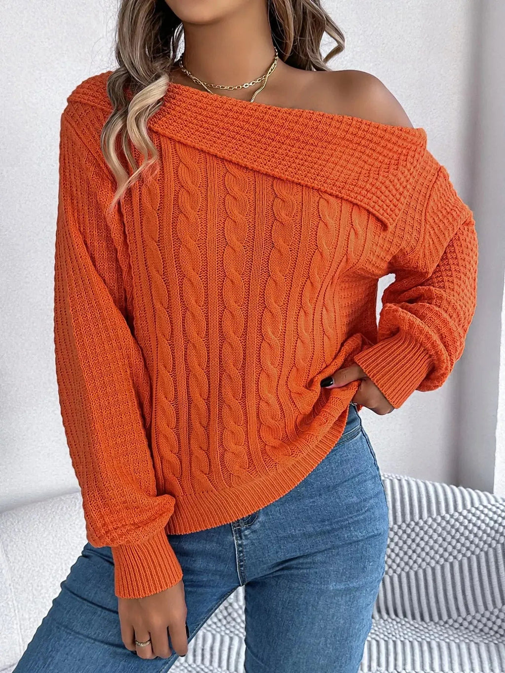 Off - Shoulder Cable Knit Sweater - Charmdeals