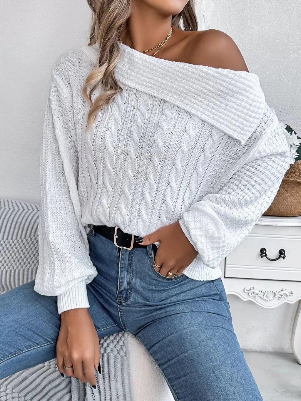 Off - Shoulder Cable Knit Sweater - Charmdeals