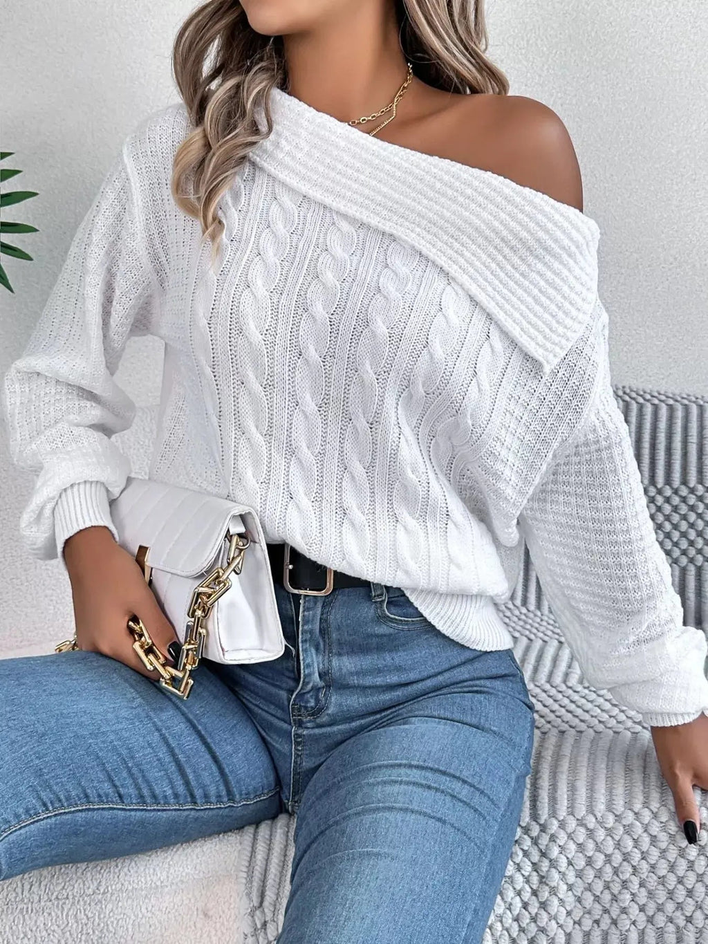 Off - Shoulder Cable Knit Sweater - Charmdeals