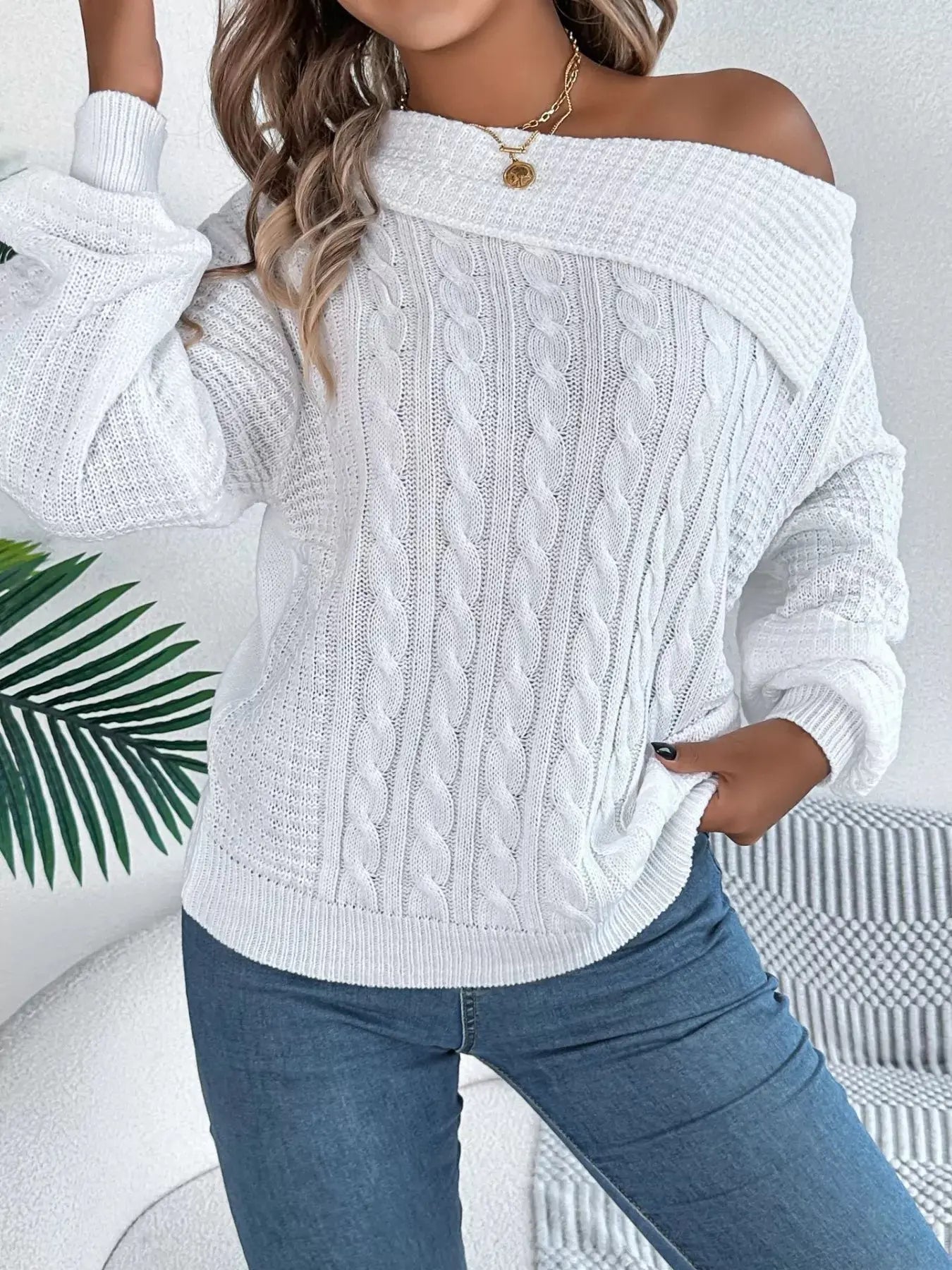 Off - Shoulder Cable Knit Sweater - Charmdeals