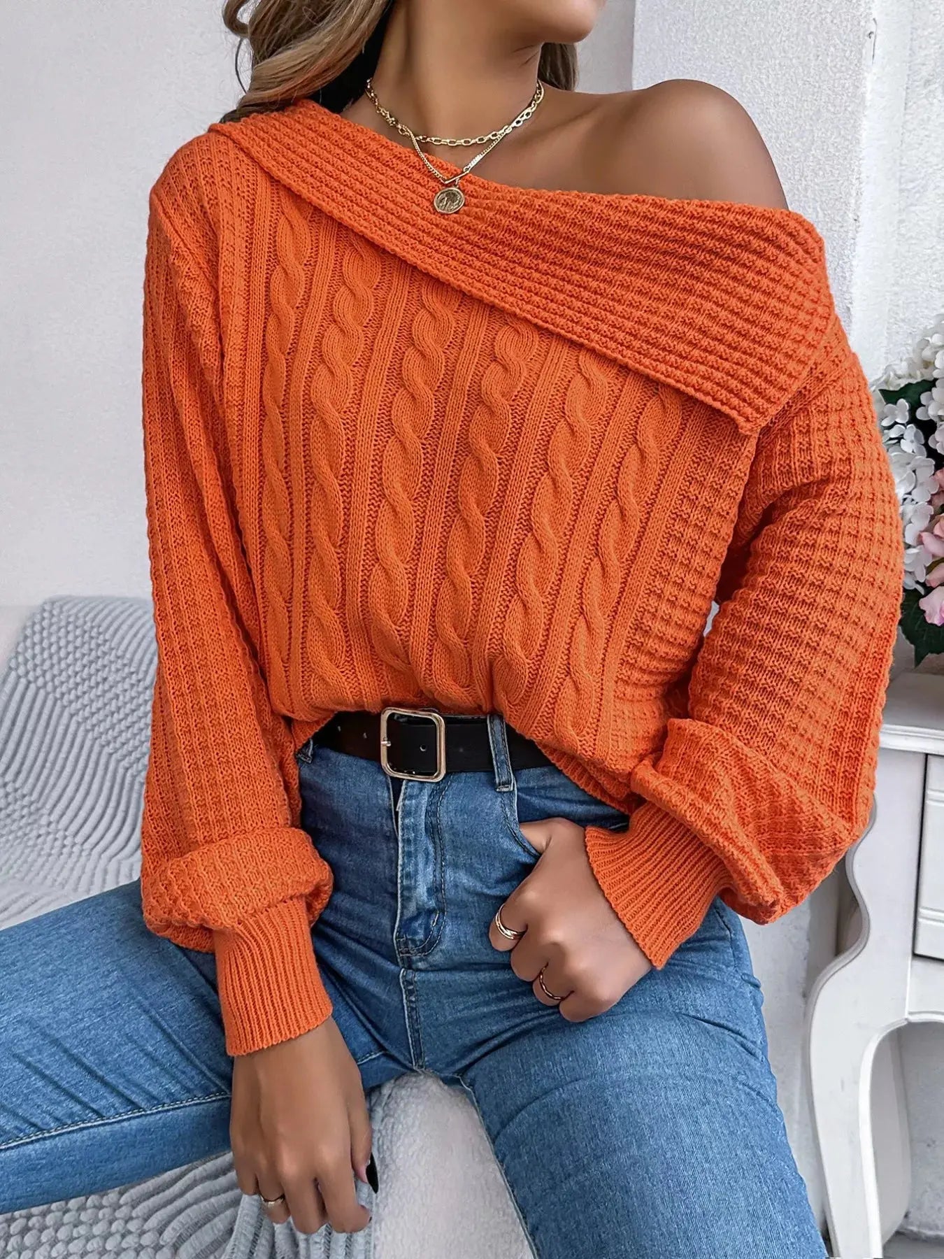 Off - Shoulder Cable Knit Sweater - Charmdeals