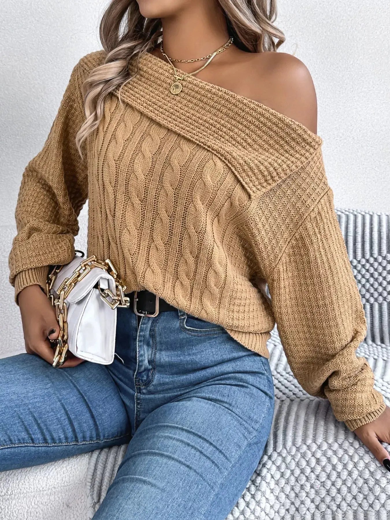 Off - Shoulder Cable Knit Sweater - Charmdeals