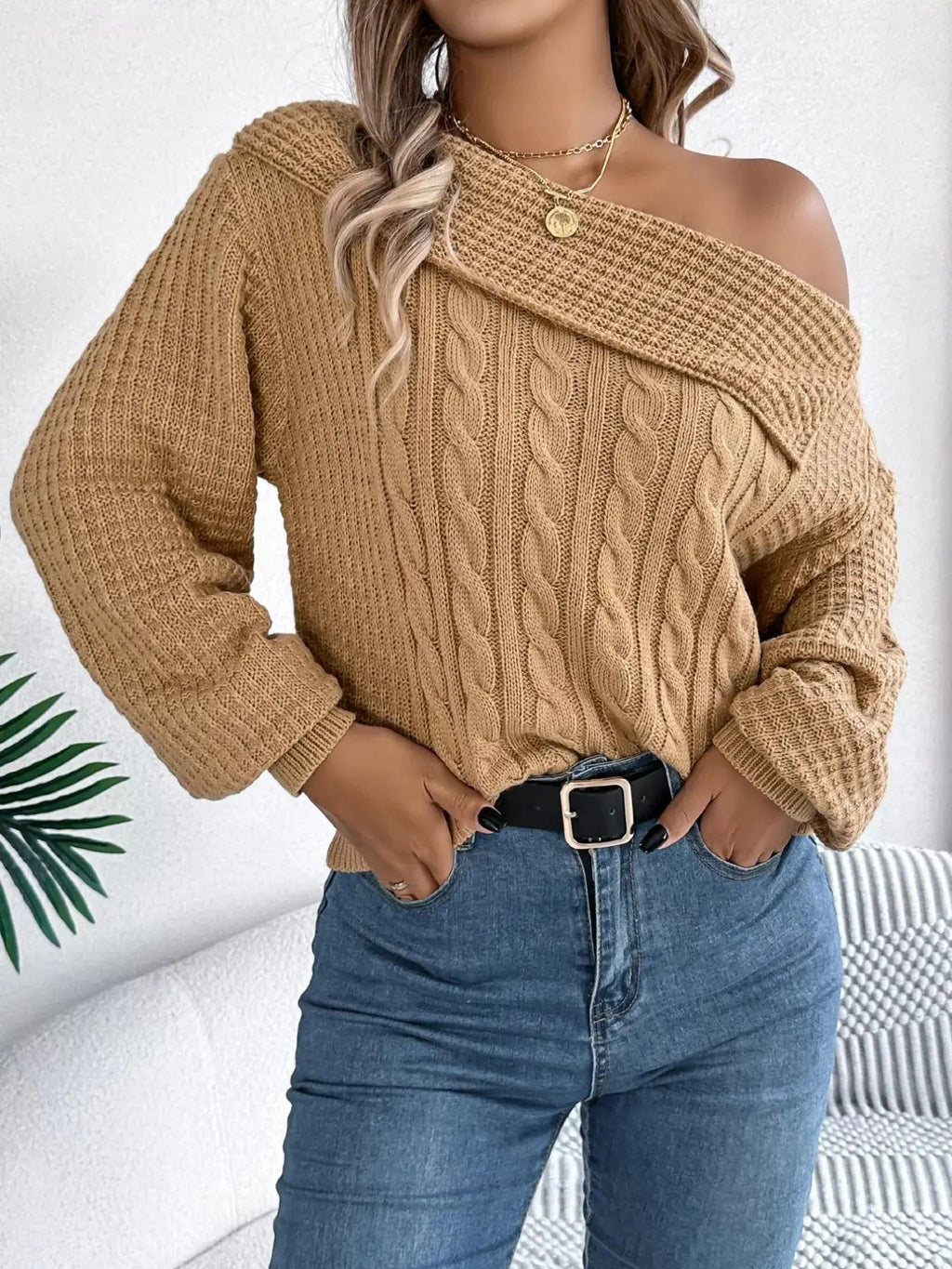 Off - Shoulder Cable Knit Sweater - Charmdeals