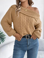 Off - Shoulder Cable Knit Sweater - Charmdeals