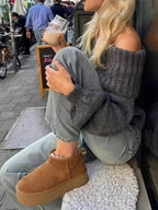 Off - Shoulder Ribbed Long Sleeve Sweater - Charmdeals