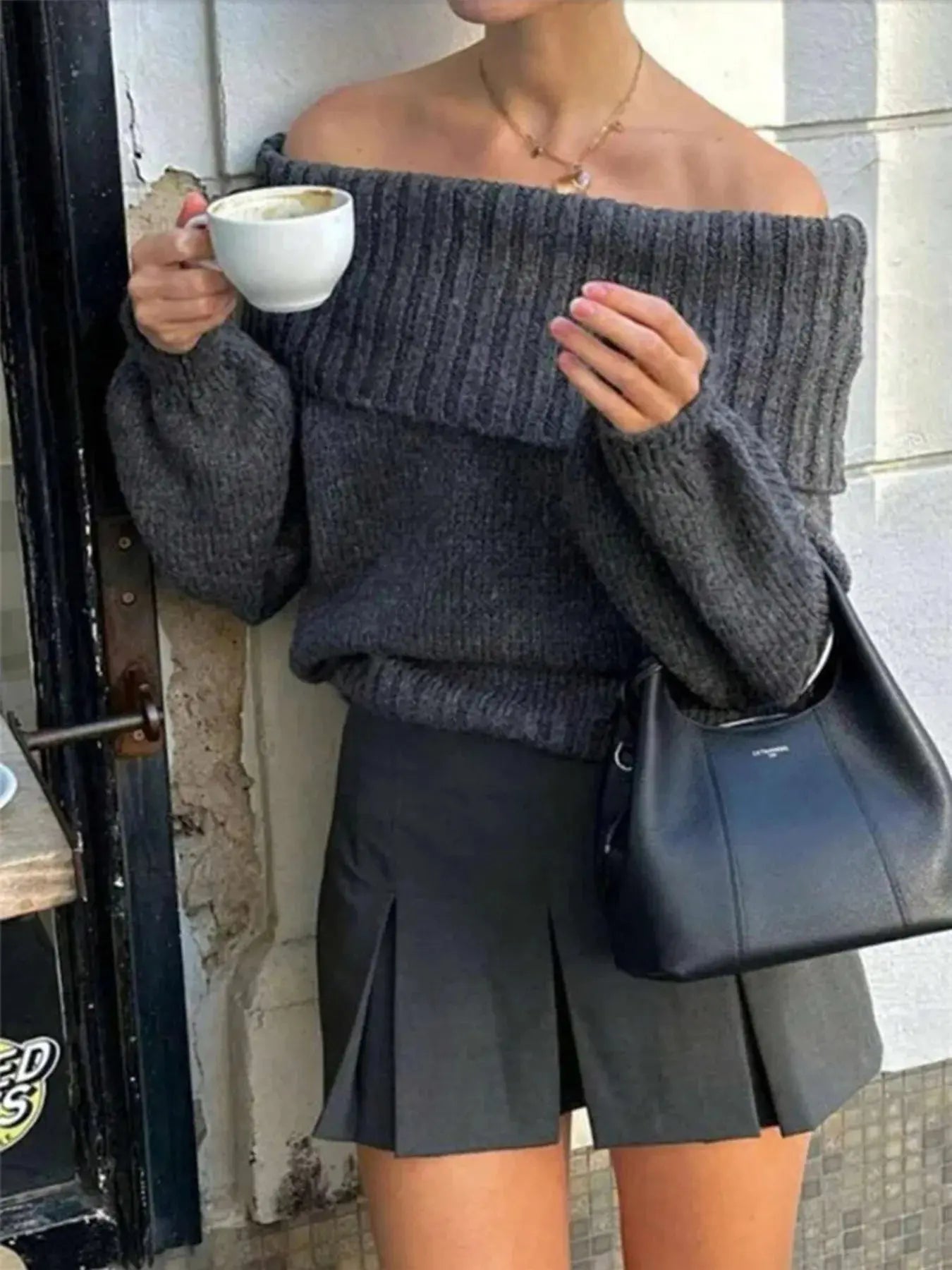 Off - Shoulder Ribbed Long Sleeve Sweater - Charmdeals