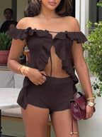 Off - Shoulder Ruffle Top and Shorts Sweater Set - Charmdeals