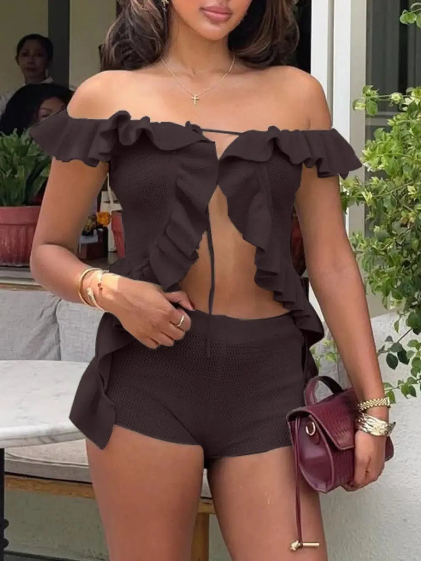 Off - Shoulder Ruffle Top and Shorts Sweater Set - Charmdeals