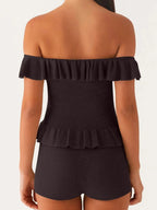 Off - Shoulder Ruffle Top and Shorts Sweater Set - Charmdeals