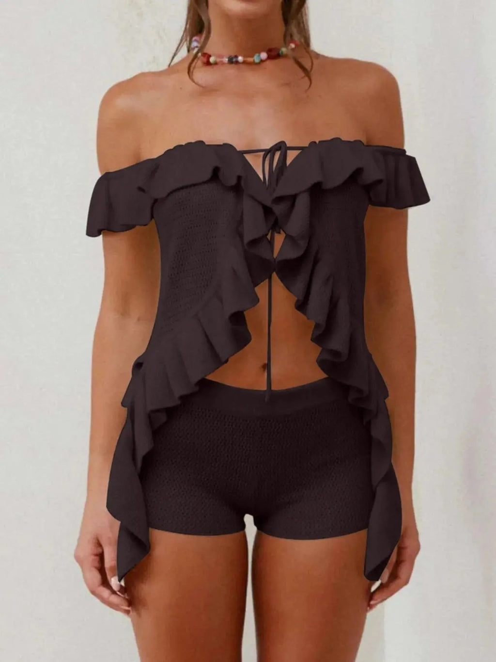 Off - Shoulder Ruffle Top and Shorts Sweater Set - Charmdeals