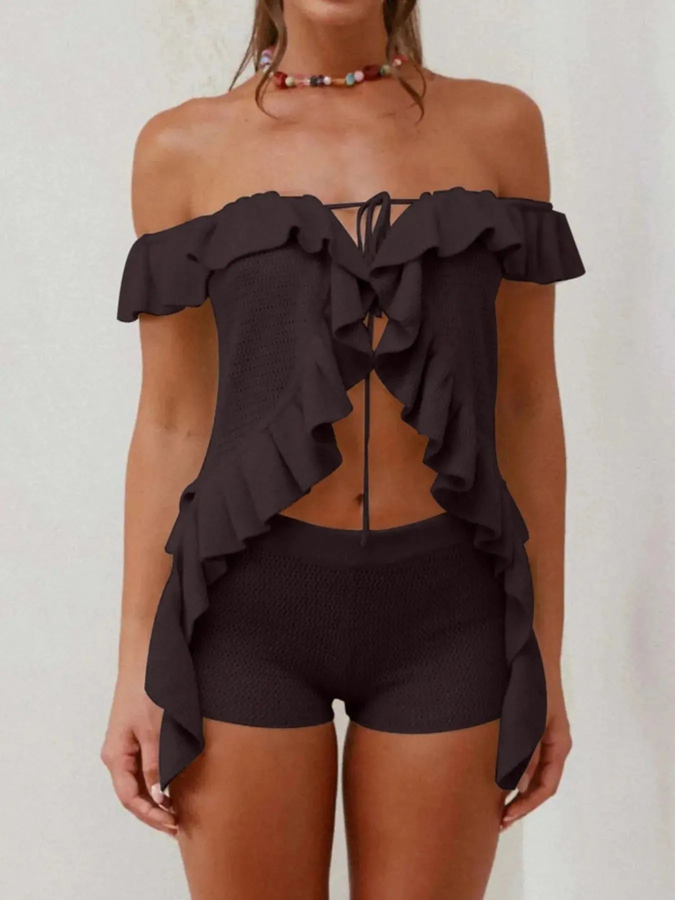 Off - Shoulder Ruffle Top and Shorts Sweater Set - Charmdeals