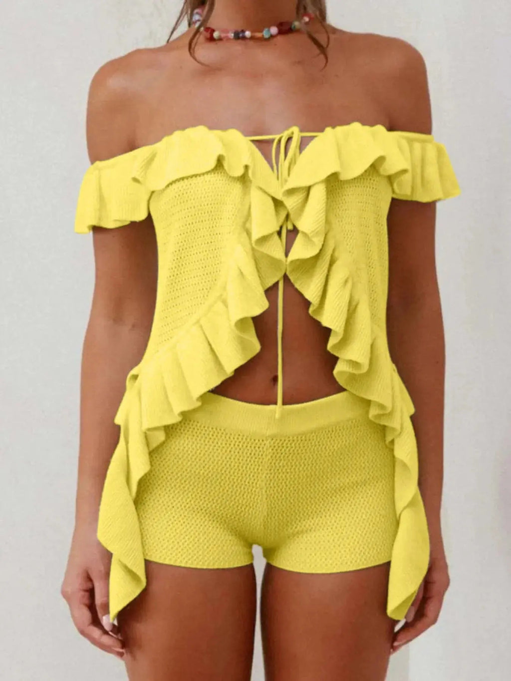Off - Shoulder Ruffle Top and Shorts Sweater Set - Charmdeals