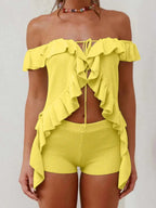 Off - Shoulder Ruffle Top and Shorts Sweater Set - Charmdeals