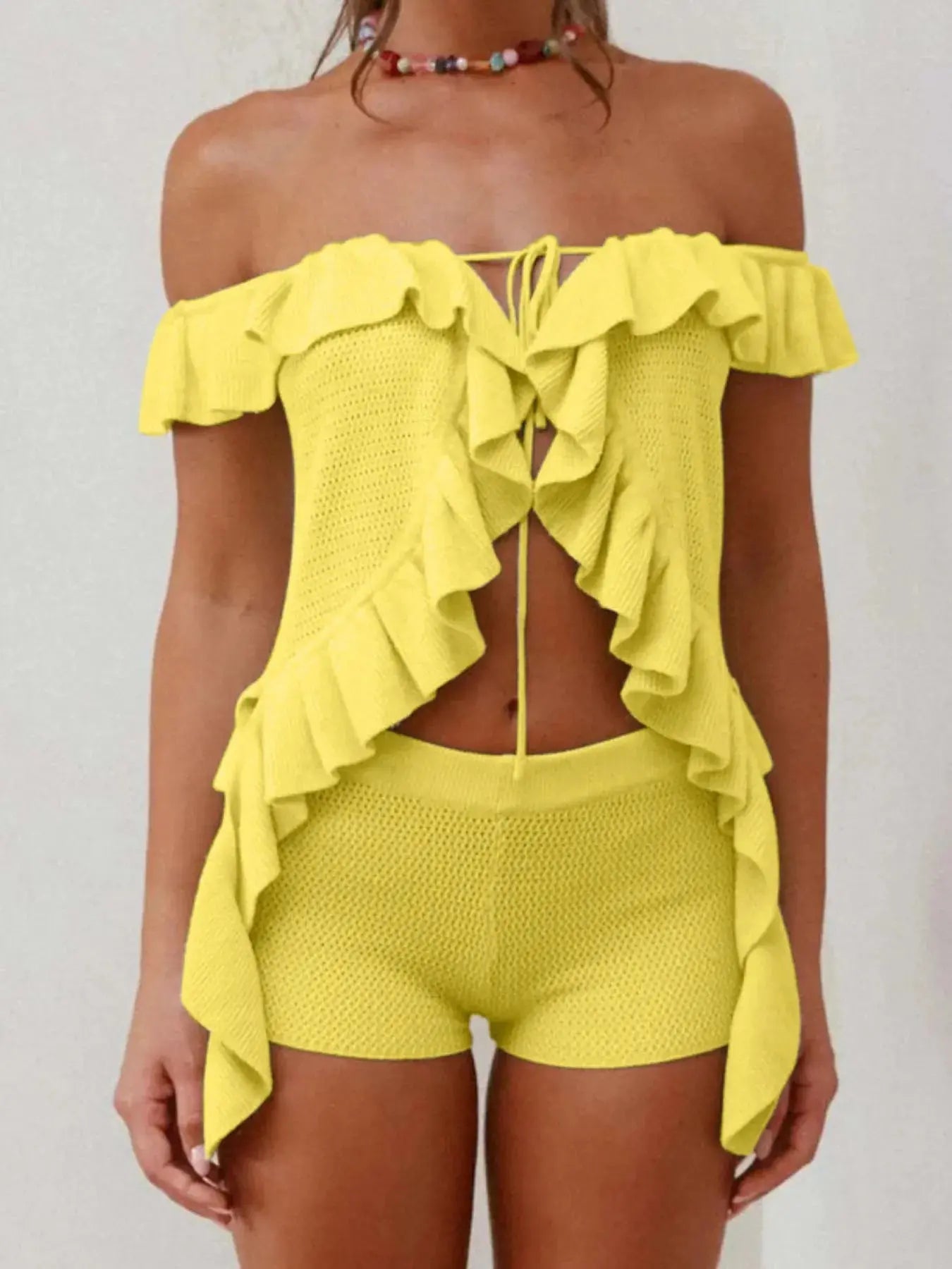 Off - Shoulder Ruffle Top and Shorts Sweater Set - Charmdeals