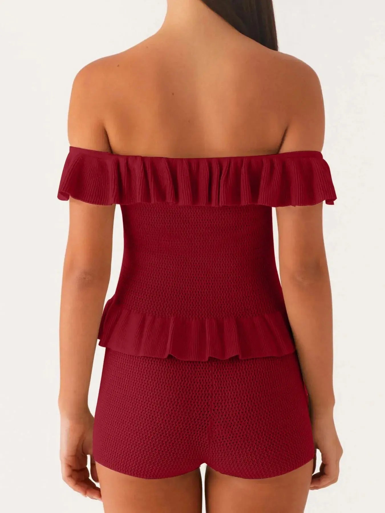Off - Shoulder Ruffle Top and Shorts Sweater Set - Charmdeals