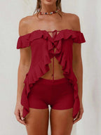 Off - Shoulder Ruffle Top and Shorts Sweater Set - Charmdeals
