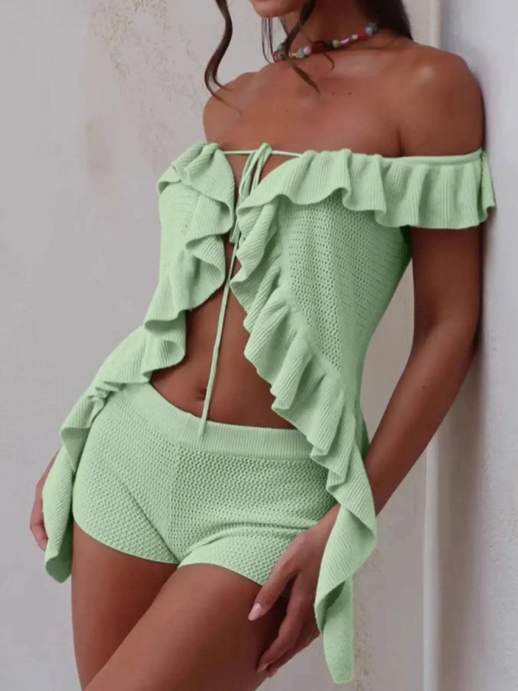 Off - Shoulder Ruffle Top and Shorts Sweater Set - Charmdeals