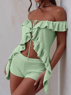 Off - Shoulder Ruffle Top and Shorts Sweater Set - Charmdeals