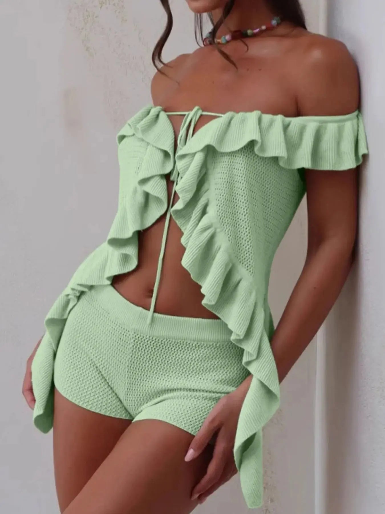 Off - Shoulder Ruffle Top and Shorts Sweater Set - Charmdeals