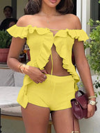 Off - Shoulder Ruffle Top and Shorts Sweater Set - Charmdeals