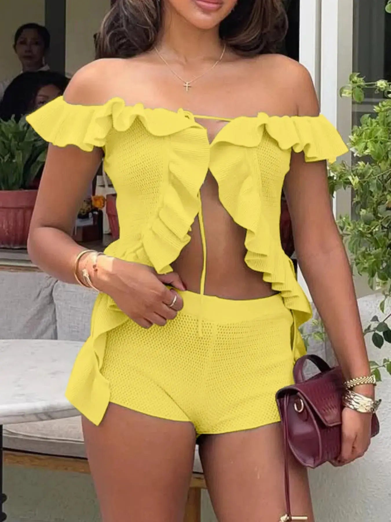 Off - Shoulder Ruffle Top and Shorts Sweater Set - Charmdeals